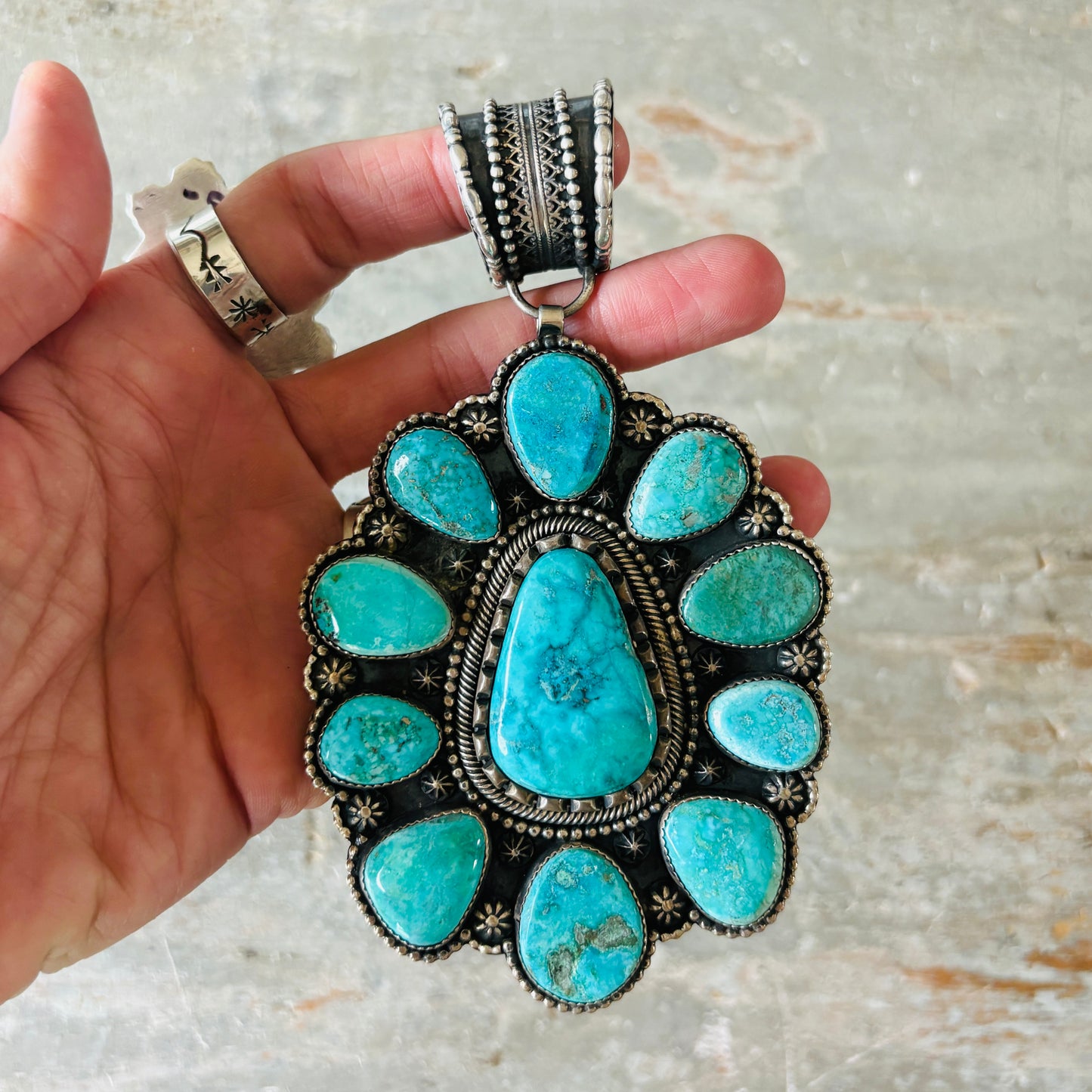 Navajo Braxton Parkett Sterling Silver & Sierra Nevada Turquoise Cluster Statement Pendant