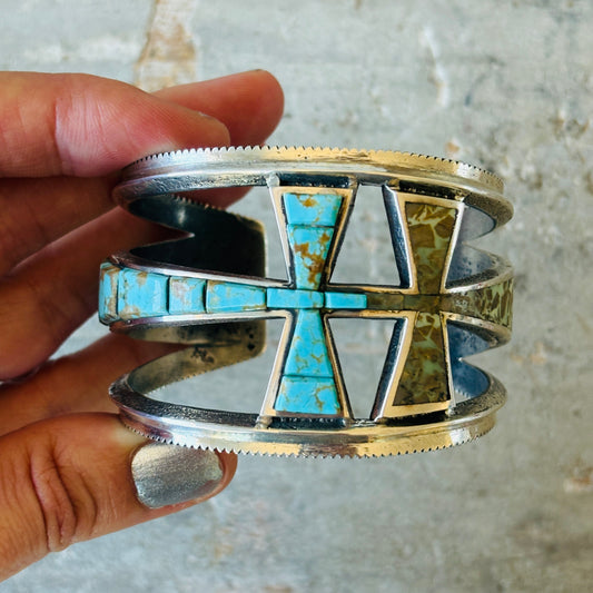 Navajo Aaron Anderson Sterling Silver & Mixed Turquoise Tufa Cast Cobblestone Crosses Cuff