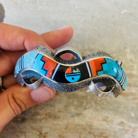 Navajo Lester James & Aaron Anderson Sterling Silver Multi Stone Tufa Cast Cuff