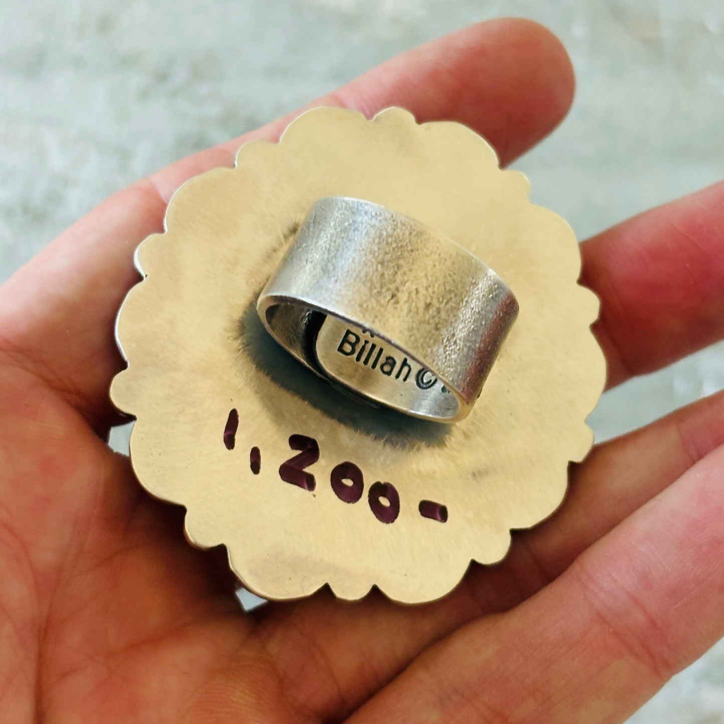 Navajo Kindale Billah Sterling Silver & Pink Conch Highland Cow Ring