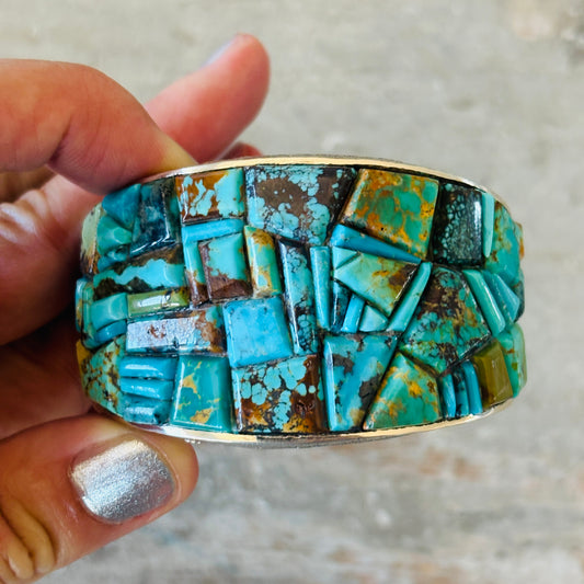 Navajo Lester James Sterling Silver & Mixed Turquoise Cobblestone Statement Cuff