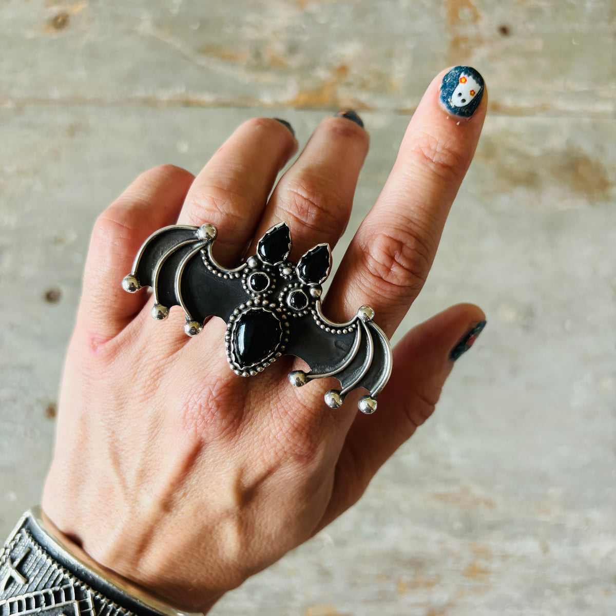 Navajo Readda Begay Sterling Silver & Black Onyx Bat Ring