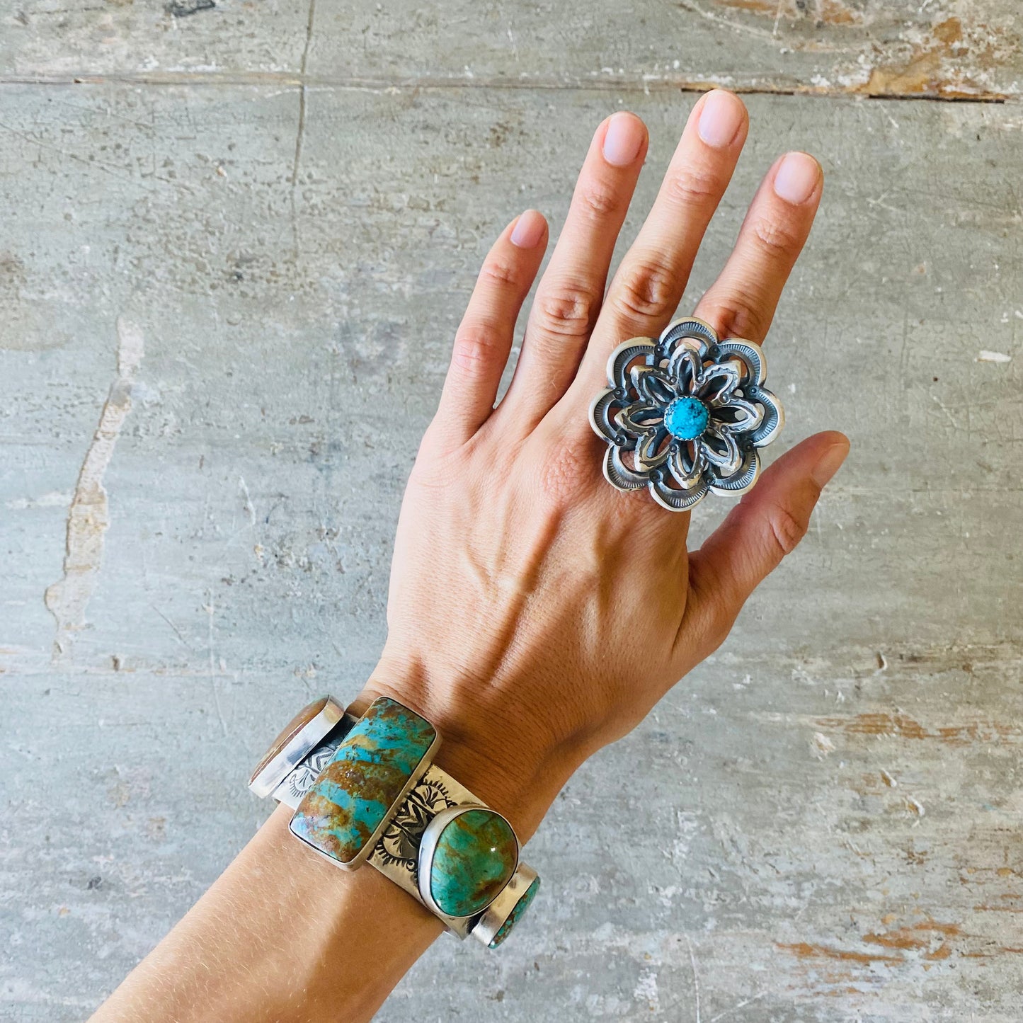 Navajo Kevin Billah Sterling Silver & Turquoise Flower Ring