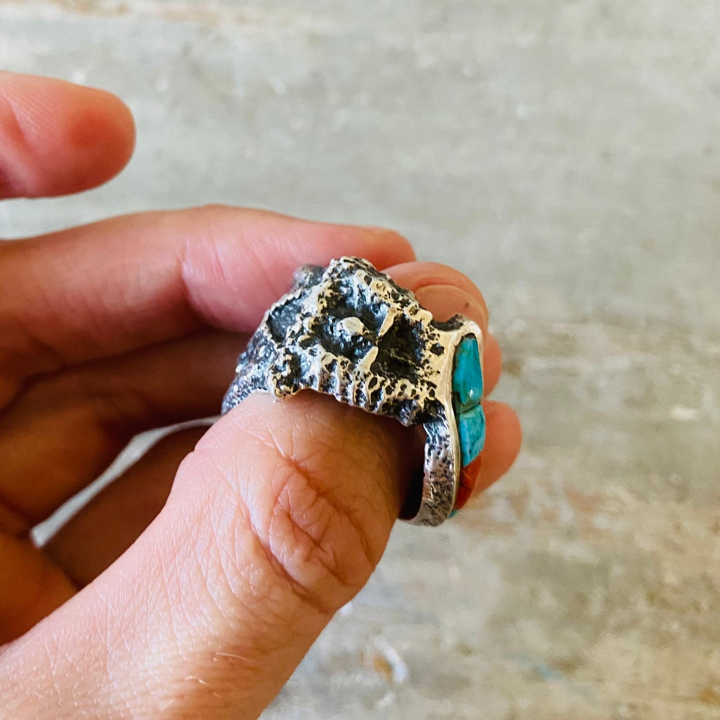 Navajo Lester James Sterling Silver - Red Coral & Turquoise Moon - Yei Tufa Cast Ring