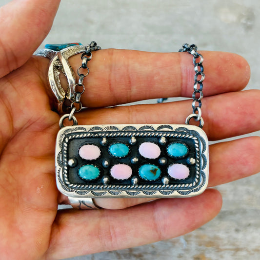 Navajo Russell Sam Sterling Silver - Pink Conch & Turquoise Bar Necklace