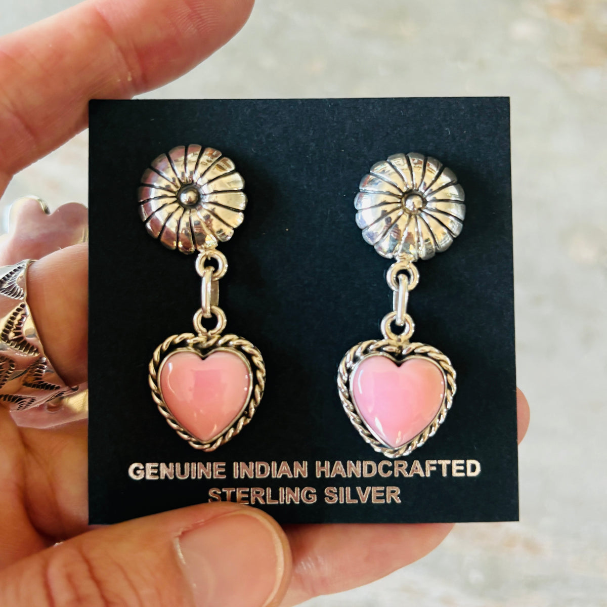 Navajo Signed Sterling Silver & Pink Conch Heart Earrings