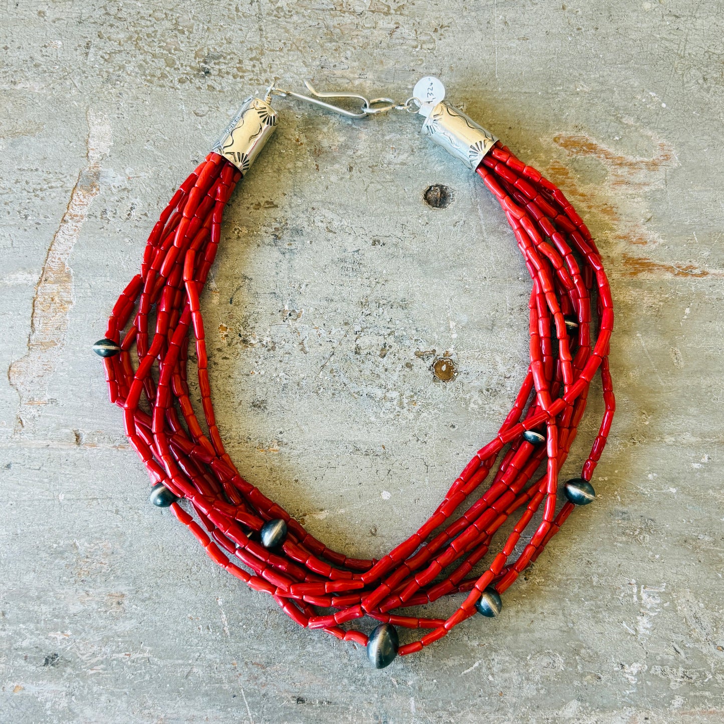 Navajo Tonya June Rafael Sterling Sterling & Red Coral 10 Strand Handmade Pearls Statement Necklace