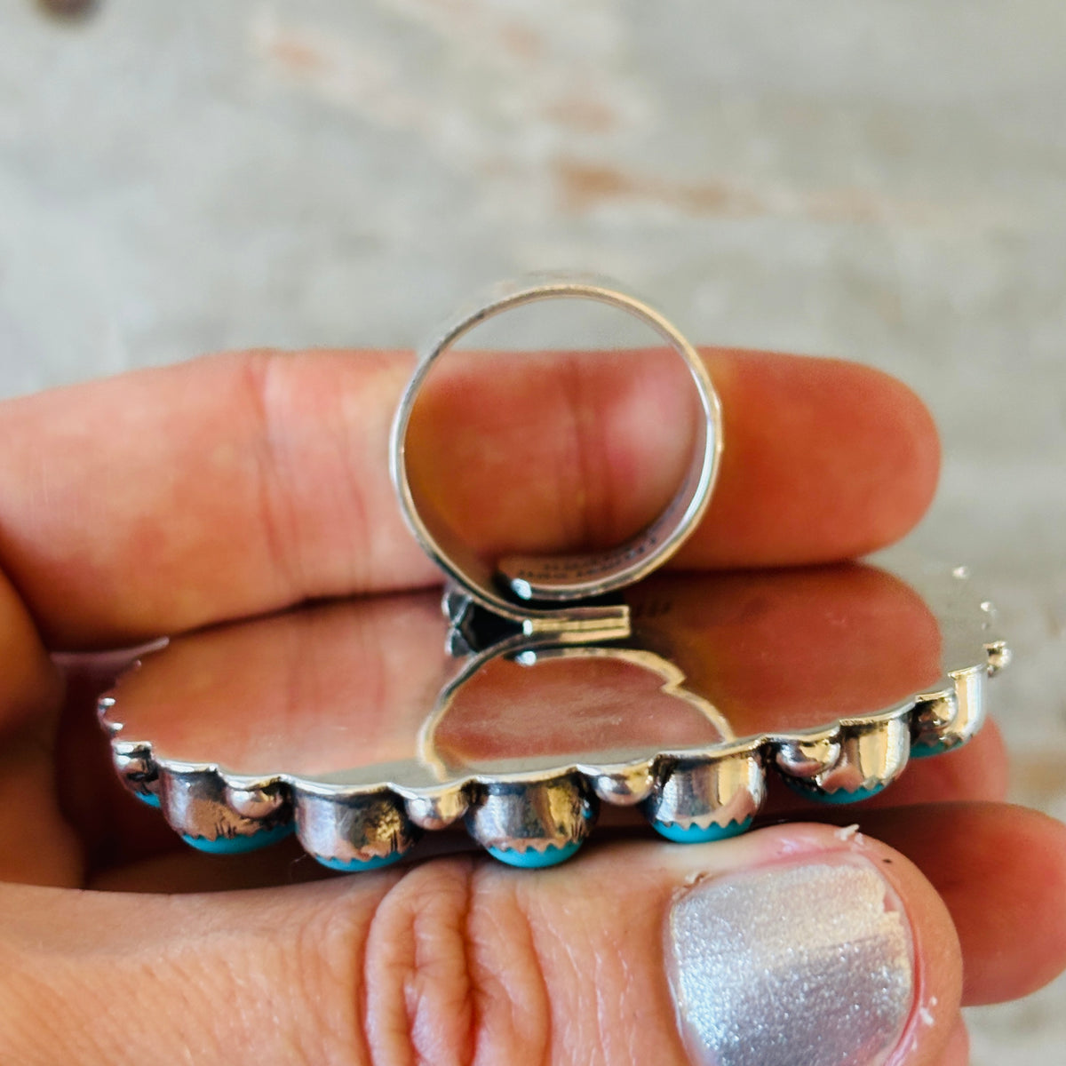 Navajo Hemerson Brown Sterling Silver & Blackjack - Kingman Turquoise Cluster Ring