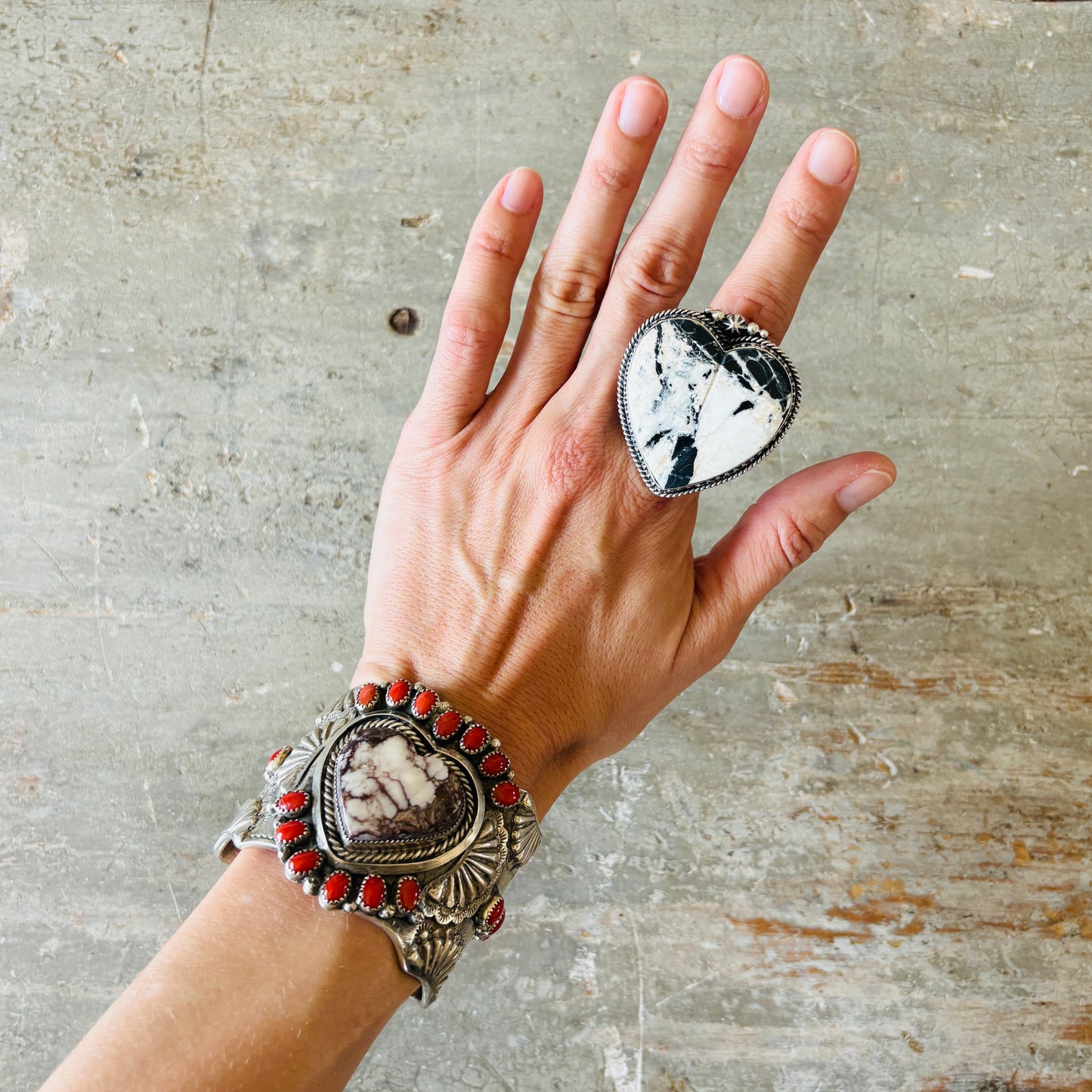Navajo Glenn Livingston Sterling Silver - Red Coral & Wild Horse Jasper Heart Statement Cuff