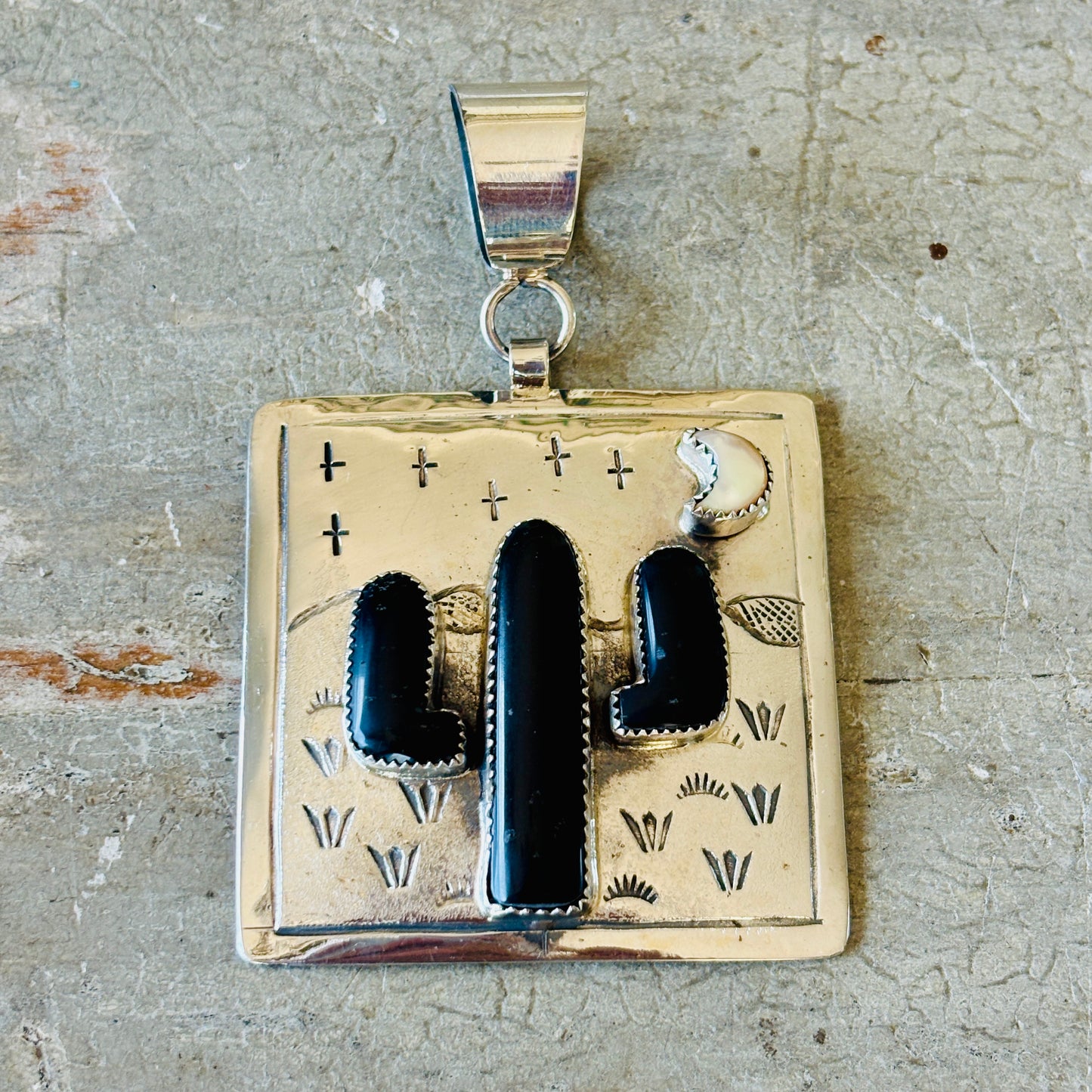 Navajo Hemerson Brown Sterling Silver - Shell & Black Onyx Cactus Pendant