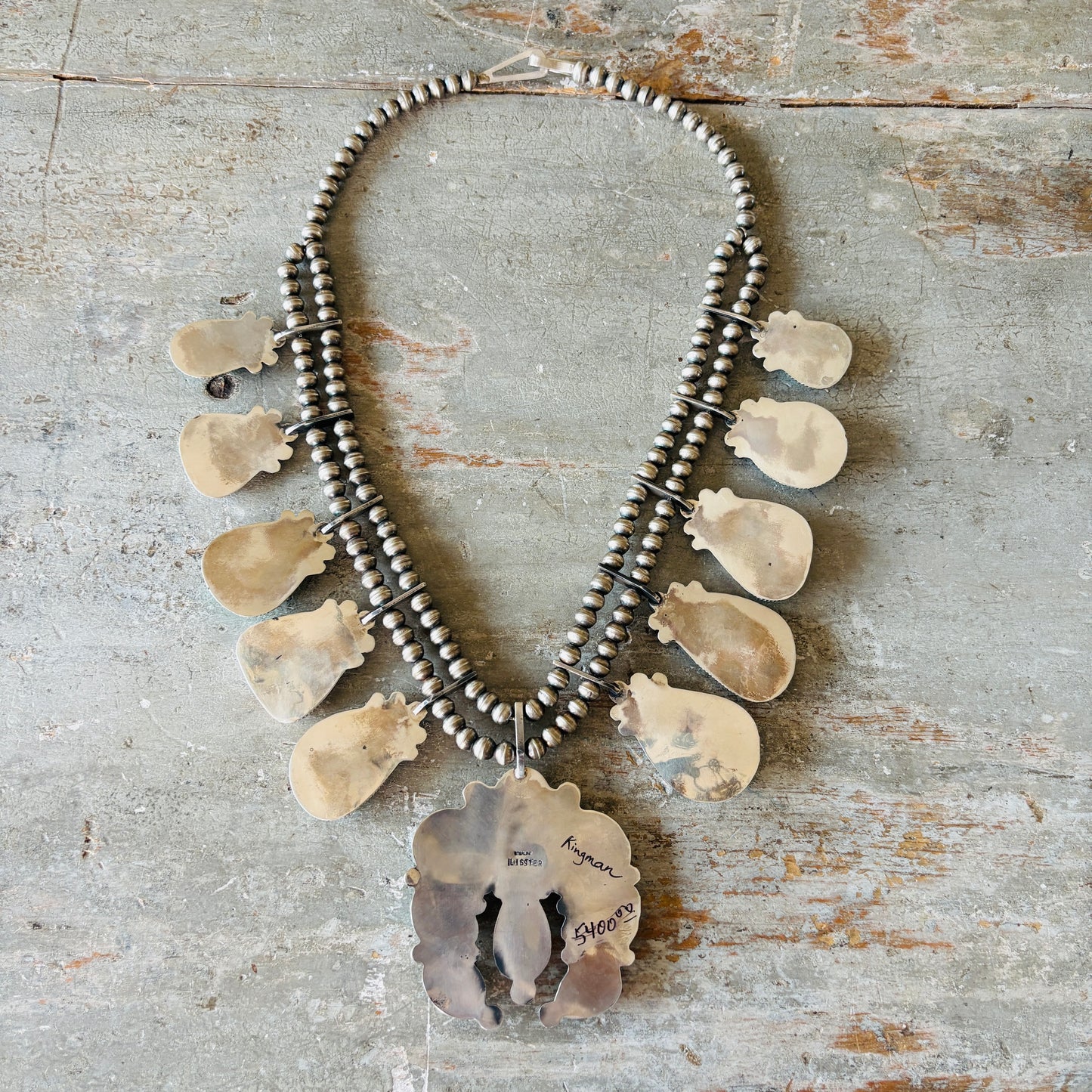 Navajo David Lister Sterling Silver & Kingman Turquoise Squash Blossom Necklace