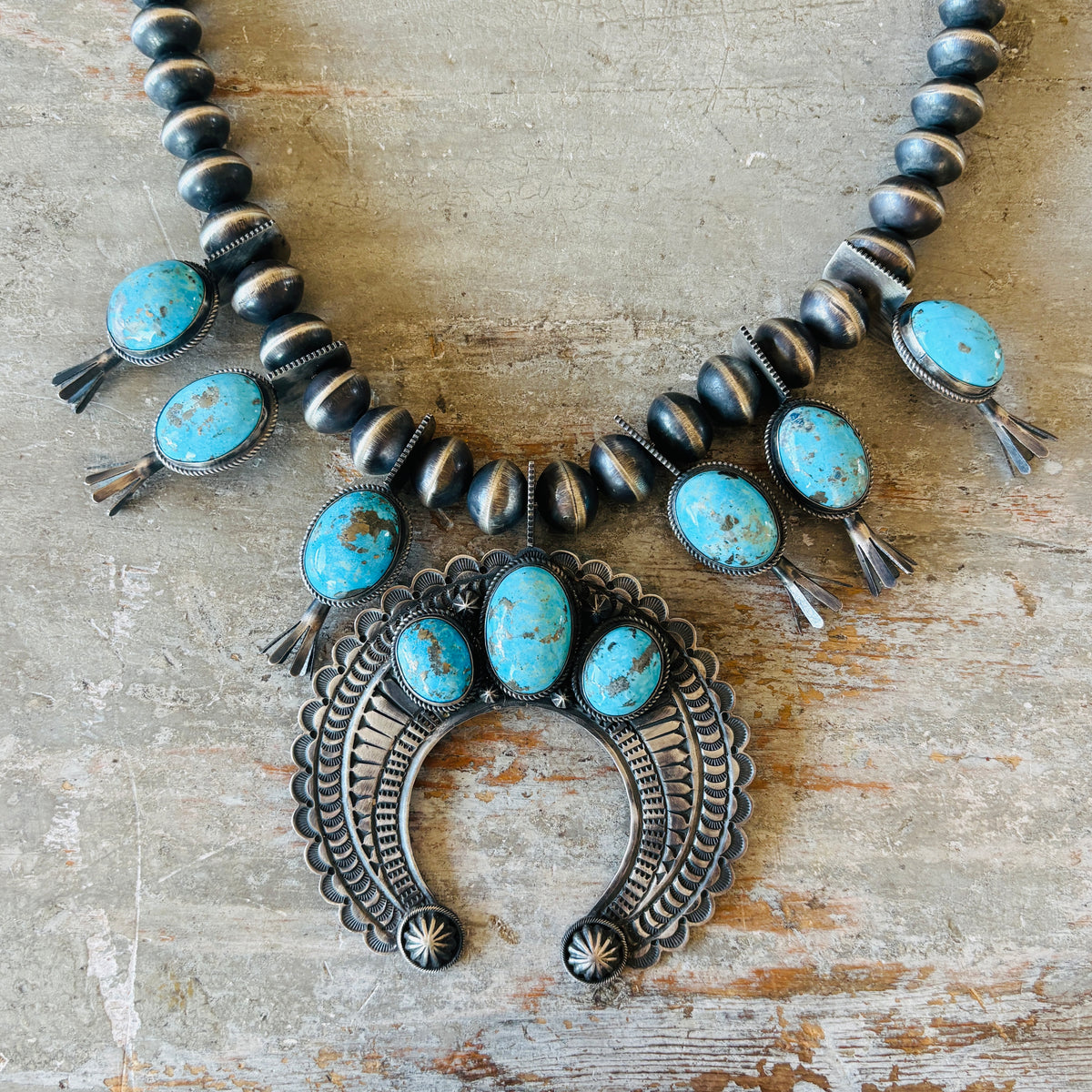 Navajo Andy Cadman Sterling Silver & Kingman Turquoise Statement Squash Blossom Necklace