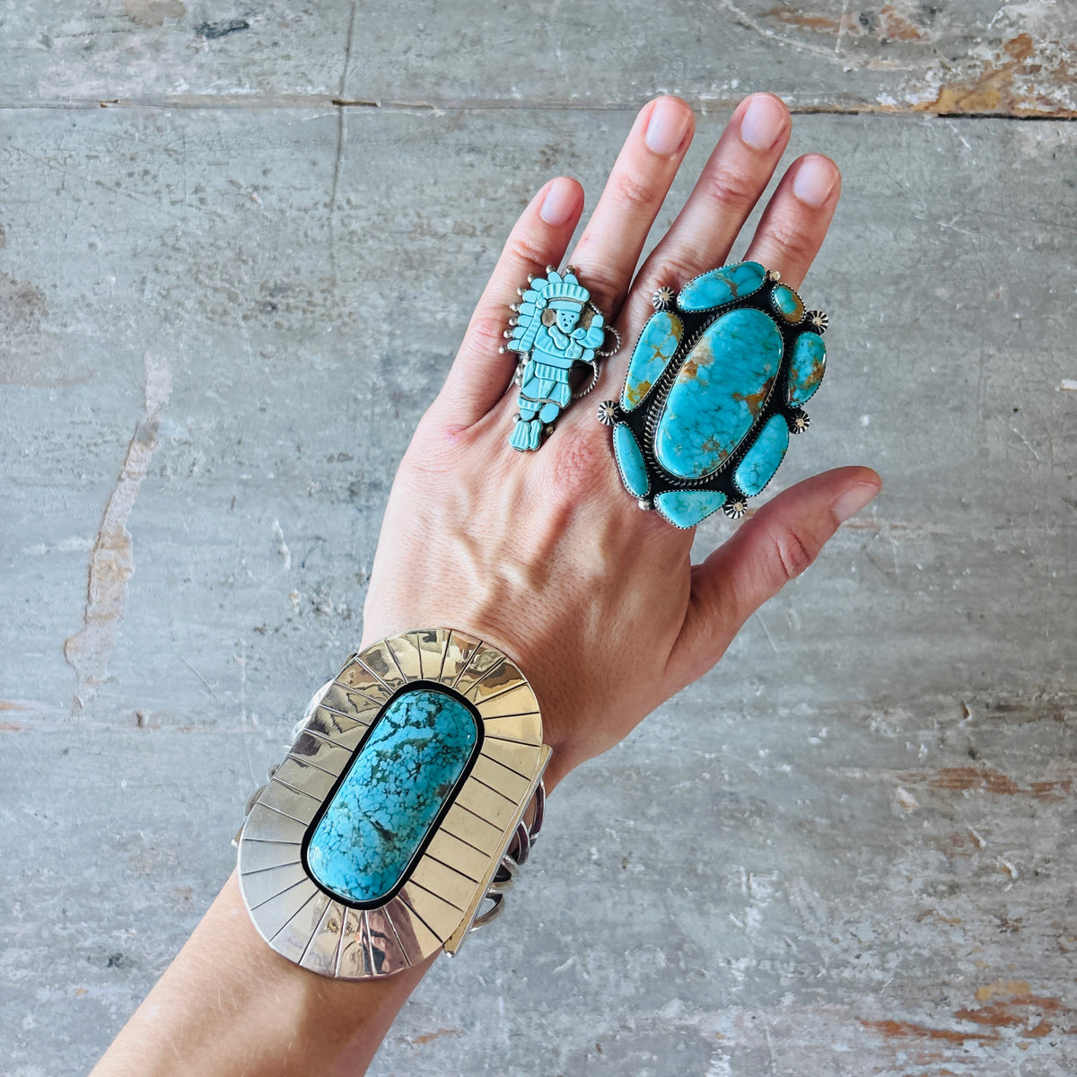 Navajo Running Bear Sterling Silver & Kingman Turquoise Statement Cuff