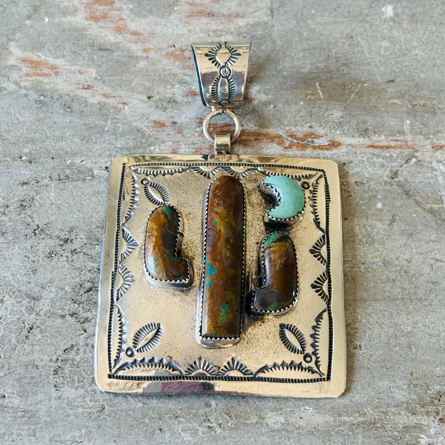 Navajo Hemerson Brown Sterling Silver & Kingman Turquoise Cactus Pendant