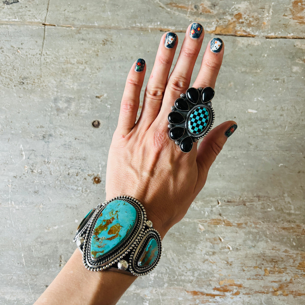 Navajo Faith Begay Sterling Silver - Black Onyx & Turquoise Checkerboard Ring