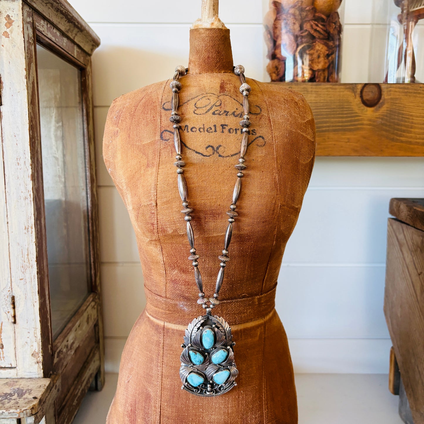 Vintage Navajo Justin Morris Sterling Silver & Royston Cluster Statement Necklace