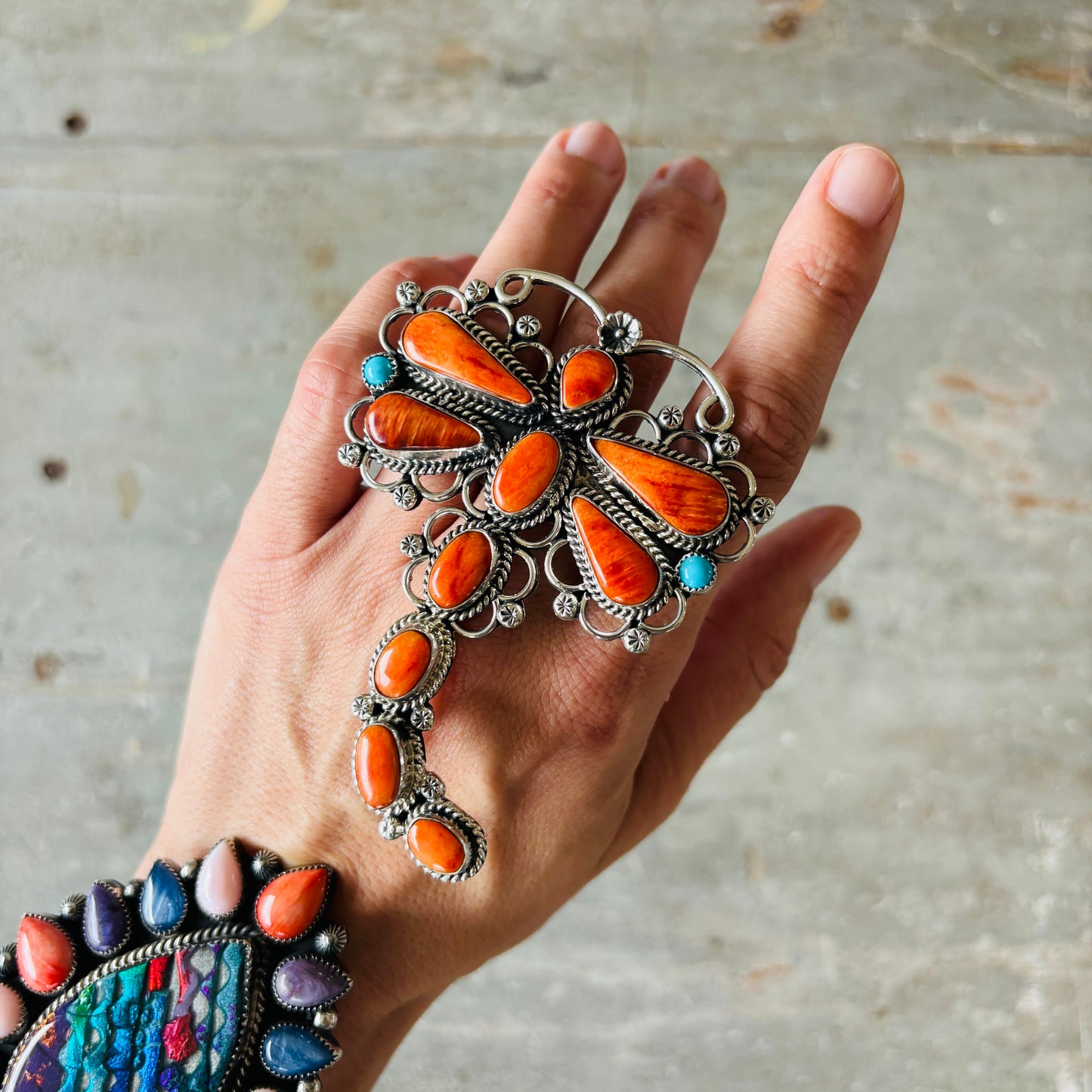Navajo Hemerson Brown Sterling Silver - Orange Spiny & Sleeping Beauty Turquoise Dragonfly Ring