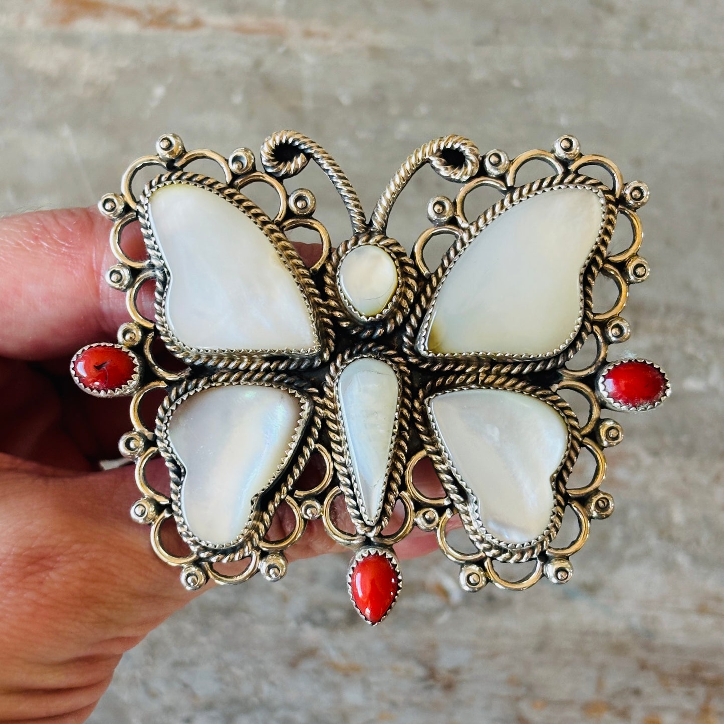 Navajo Hemerson Brown Sterling Silver - Red Coral & MOP Butterfly Statement Ring