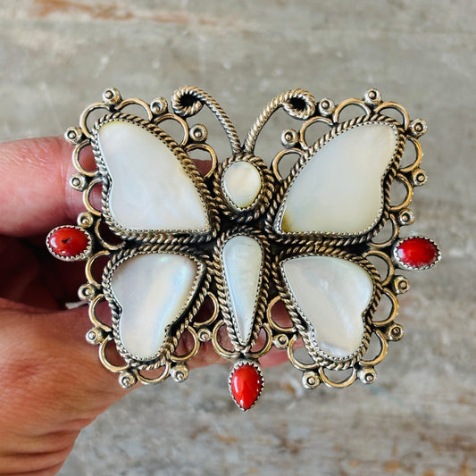 Navajo Hemerson Brown Sterling Silver - Red Coral & MOP Butterfly Statement Ring