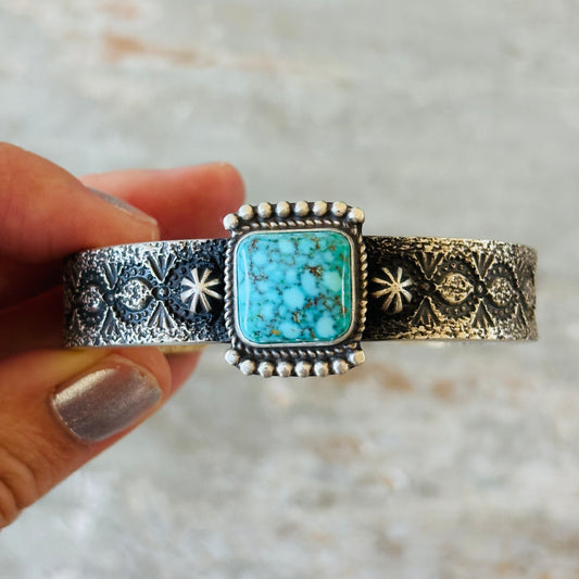 Navajo Herman Smith Sterling Silver & Web Kingman Turquoise Stacker Cuff