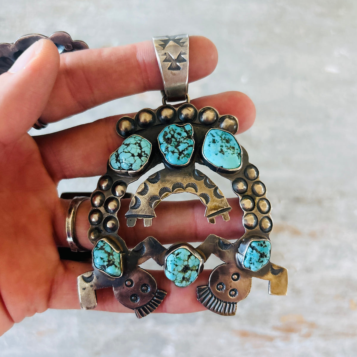 Navajo Shawn Cayatineto Sterling Silver & Turquoise Yei Statement Pendant