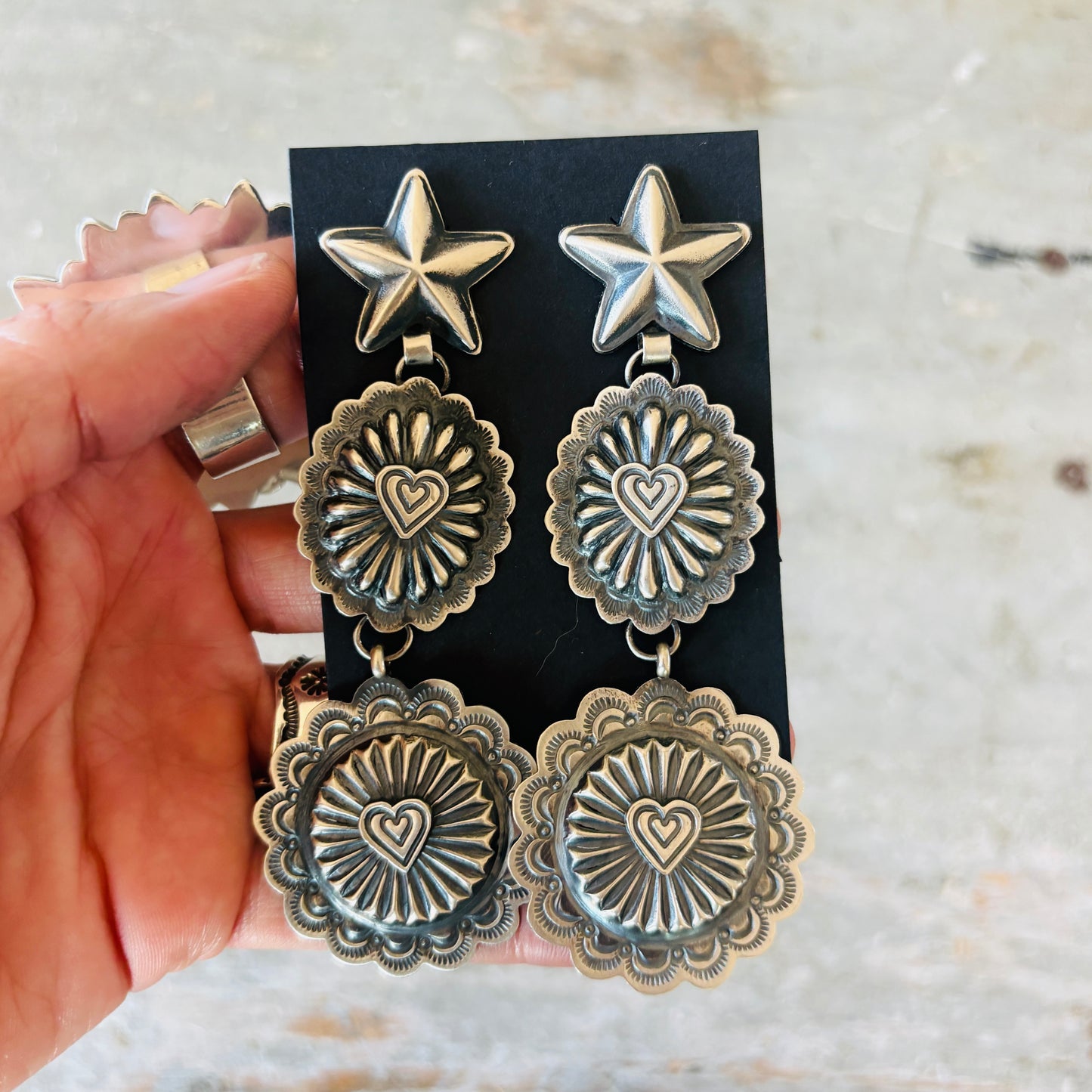 Navajo Hemerson Brown Sterling Silver Hearts and Stars Concho Earrings