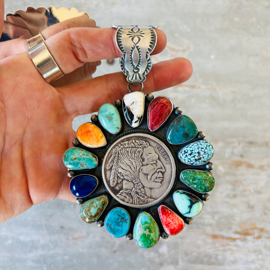 Navajo Robert Johnson Sterling Silver Multi Stone 1oz Silver Round Cluster Pendant