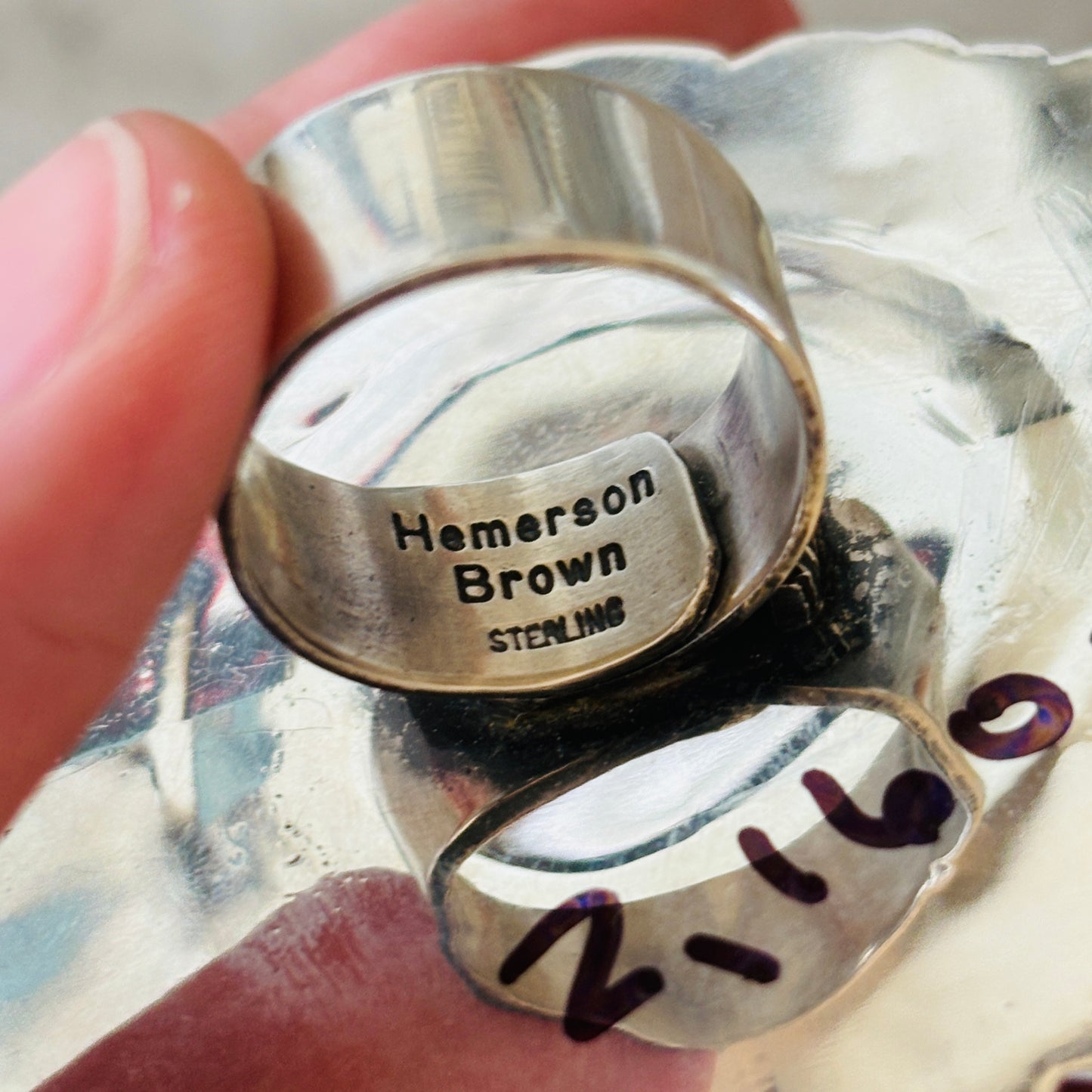 Navajo Hemerson Brown Sterling Silver Concho Statement Ring