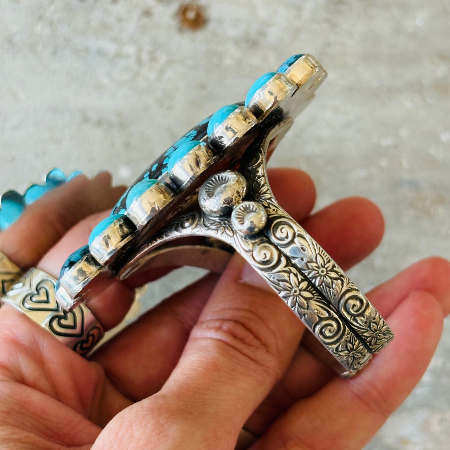 Navajo Edmund Piasso Sterling Silver & Mixed Turquoise Cluster Statement Cuff