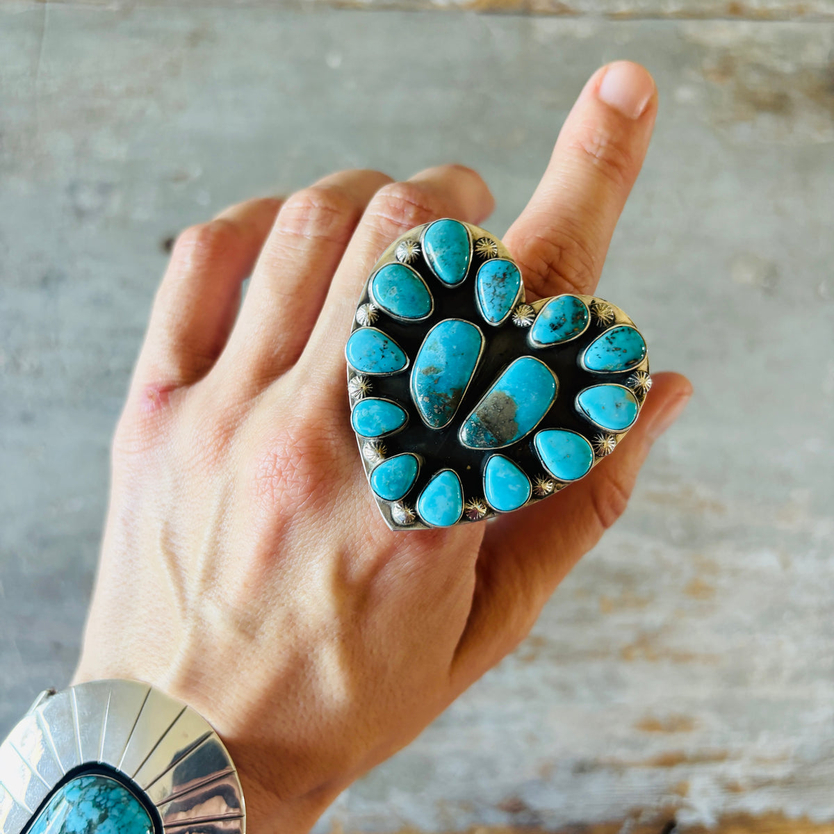 Navajo Freddy Platero Sterling Silver & Whitewater Turquoise Cluster Heart Ring