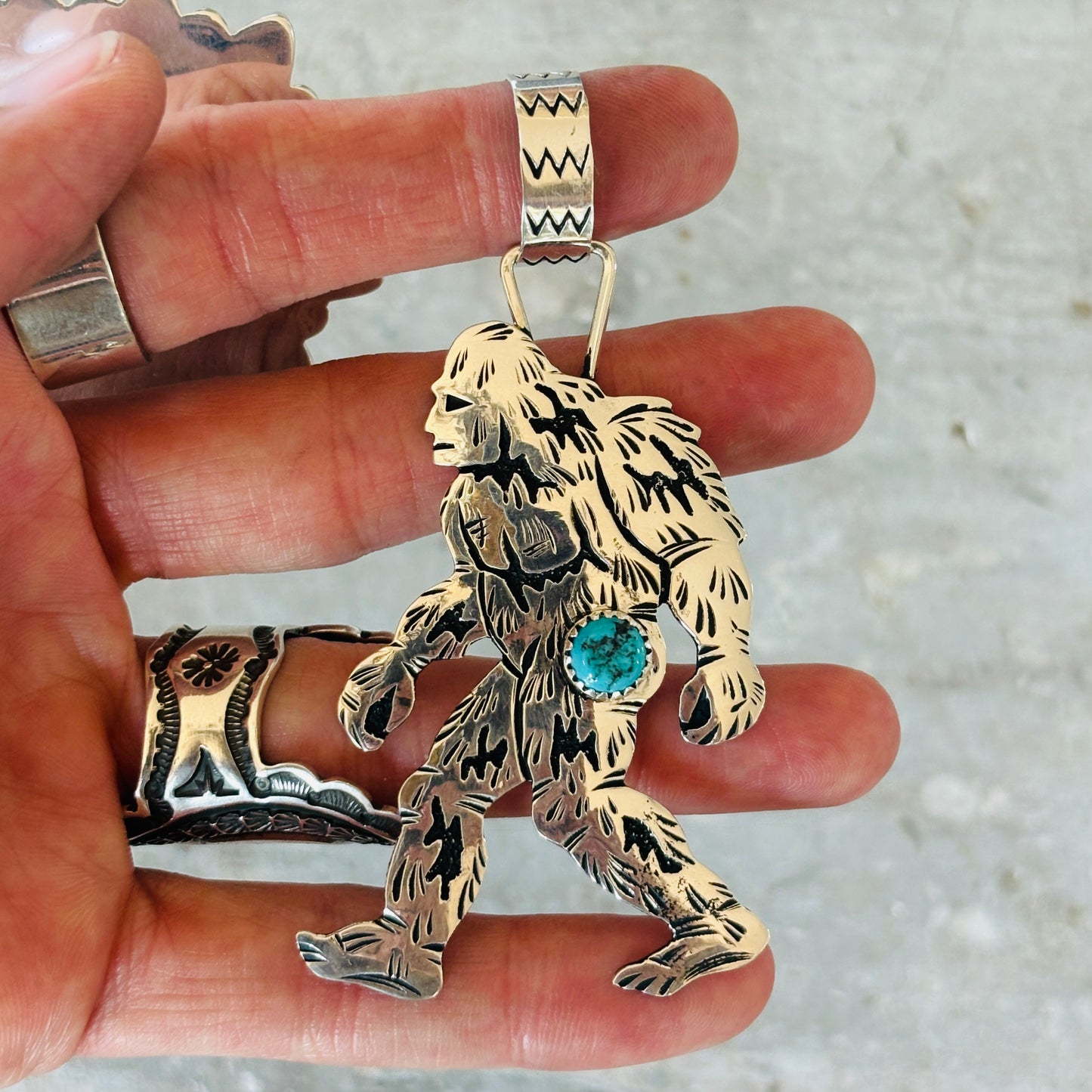 Navajo Richard Singer Sterling Silver & Kingman Turquoise Bigfoot Pendant