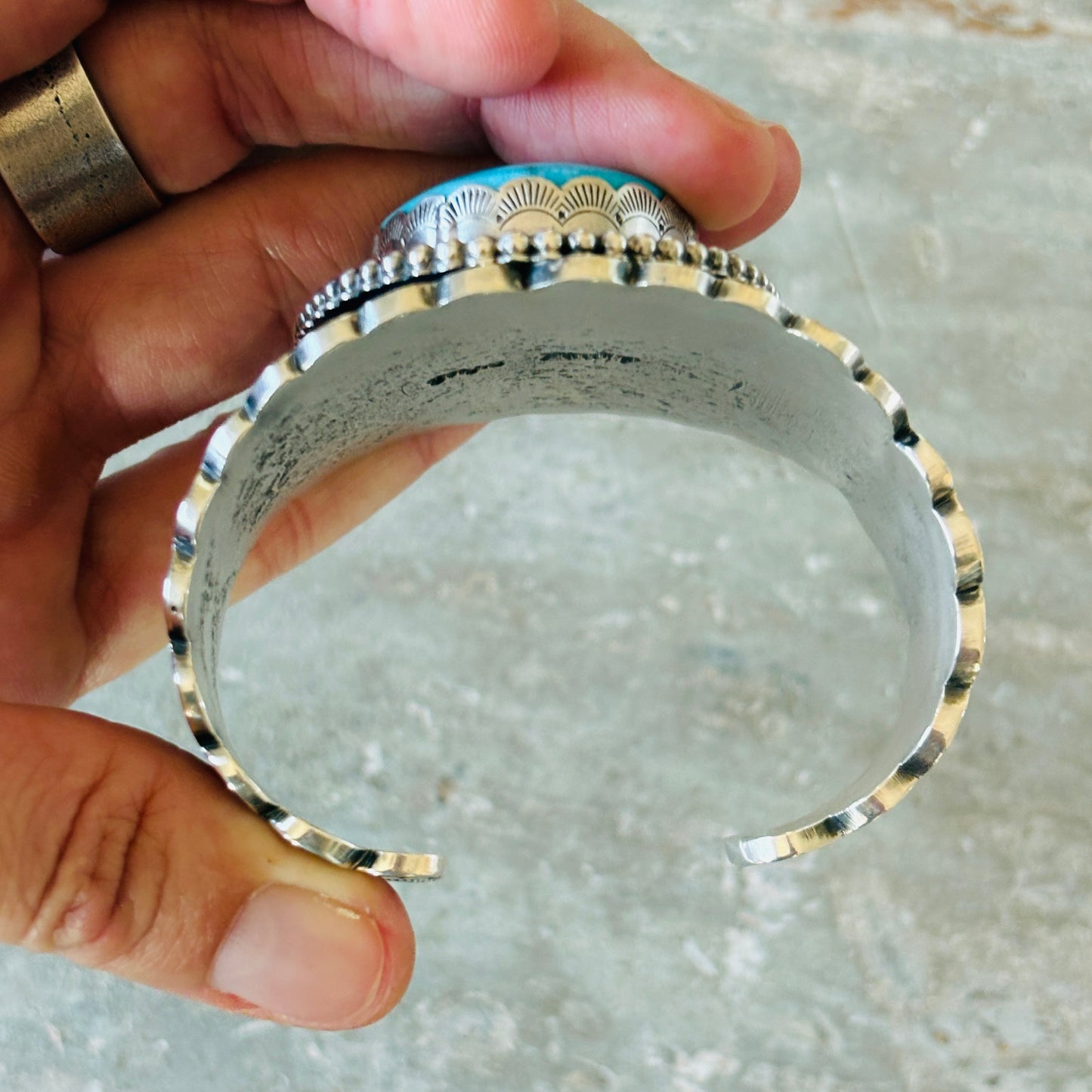 Navajo Glenn Livingston Sterling Silver & Kingman Turquoise Hearts Tufa Cast Cuff