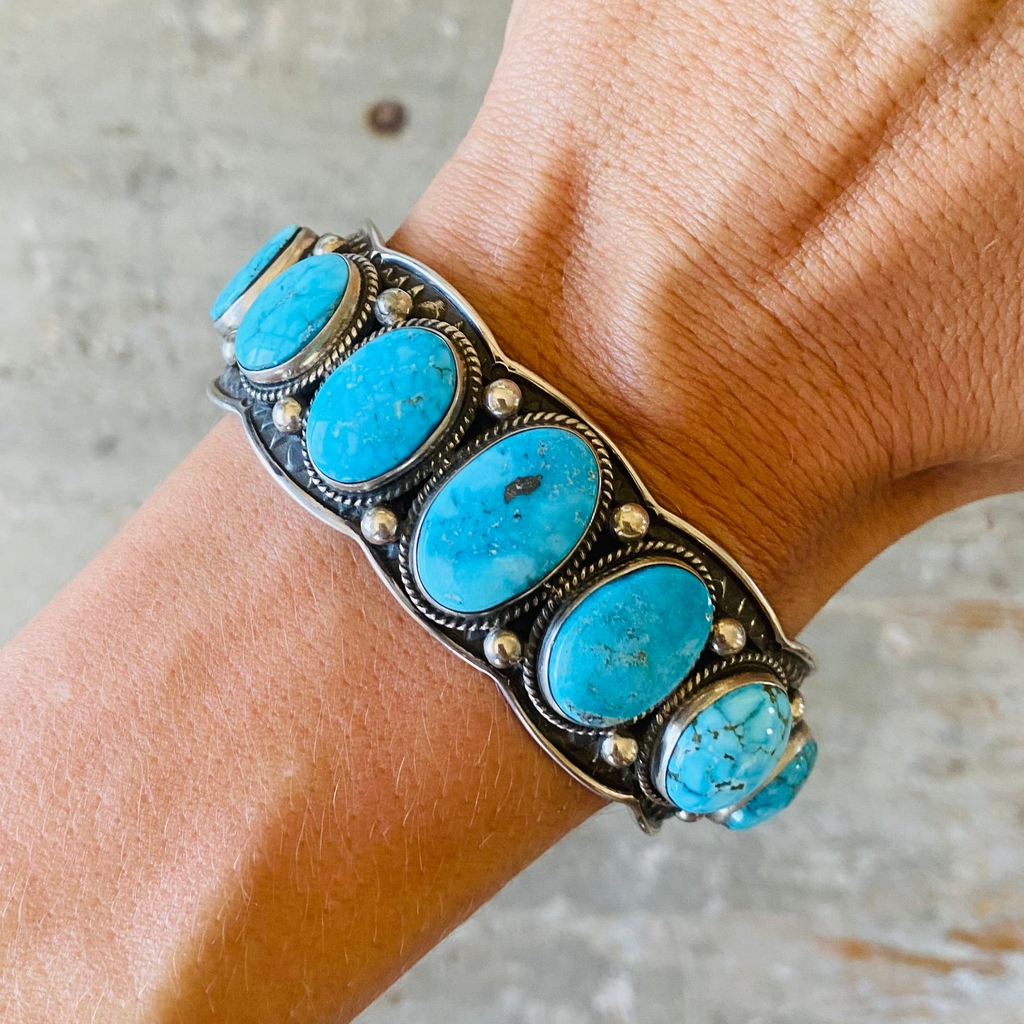 Navajo Darrell Cadman Sterling Silver & Kingman Turquoise 7 Stone Cuff