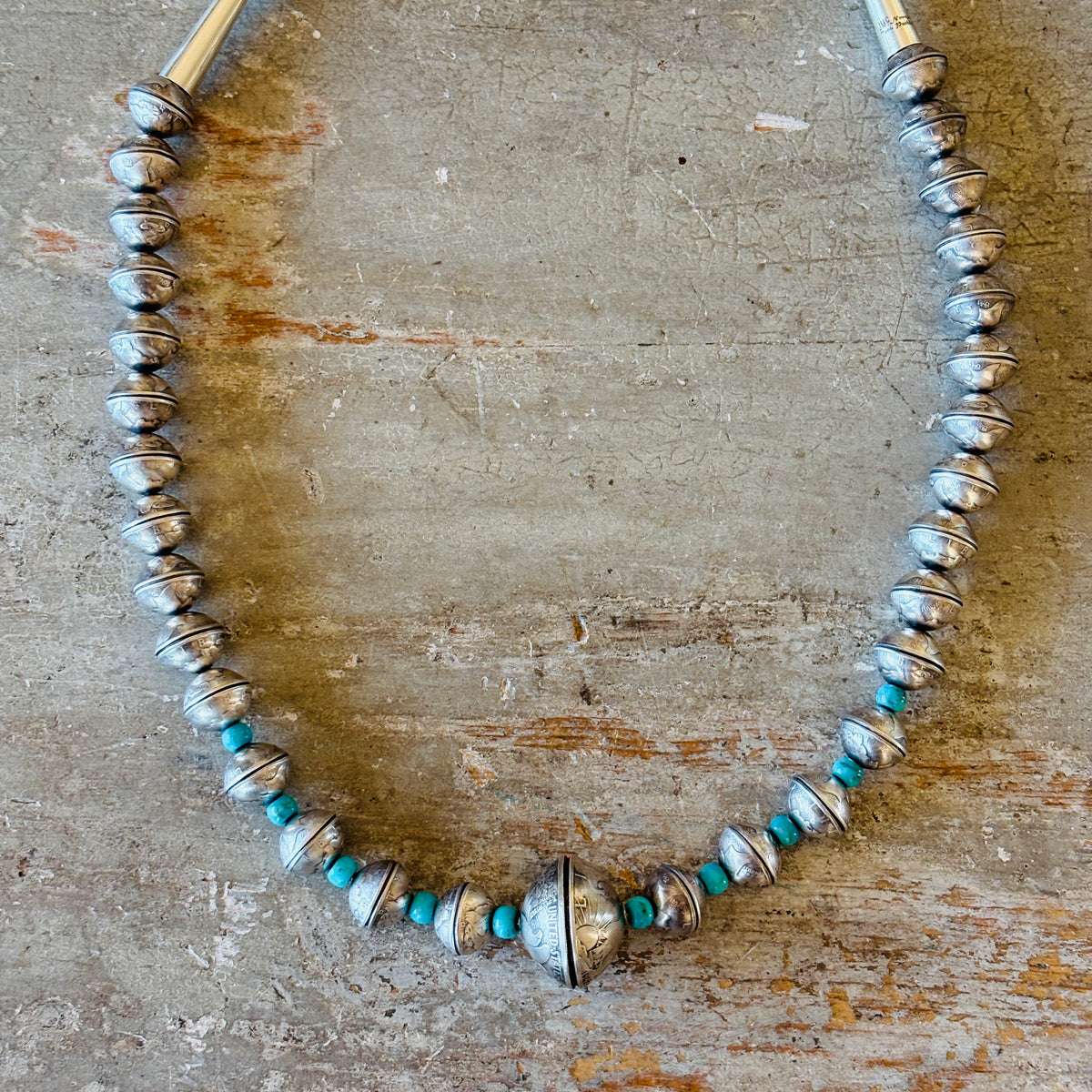 Navajo James McCabe Sterling Silver & Kingman Turquoise - Liberty Dime - Morgan Silver Dollar Beads Necklace