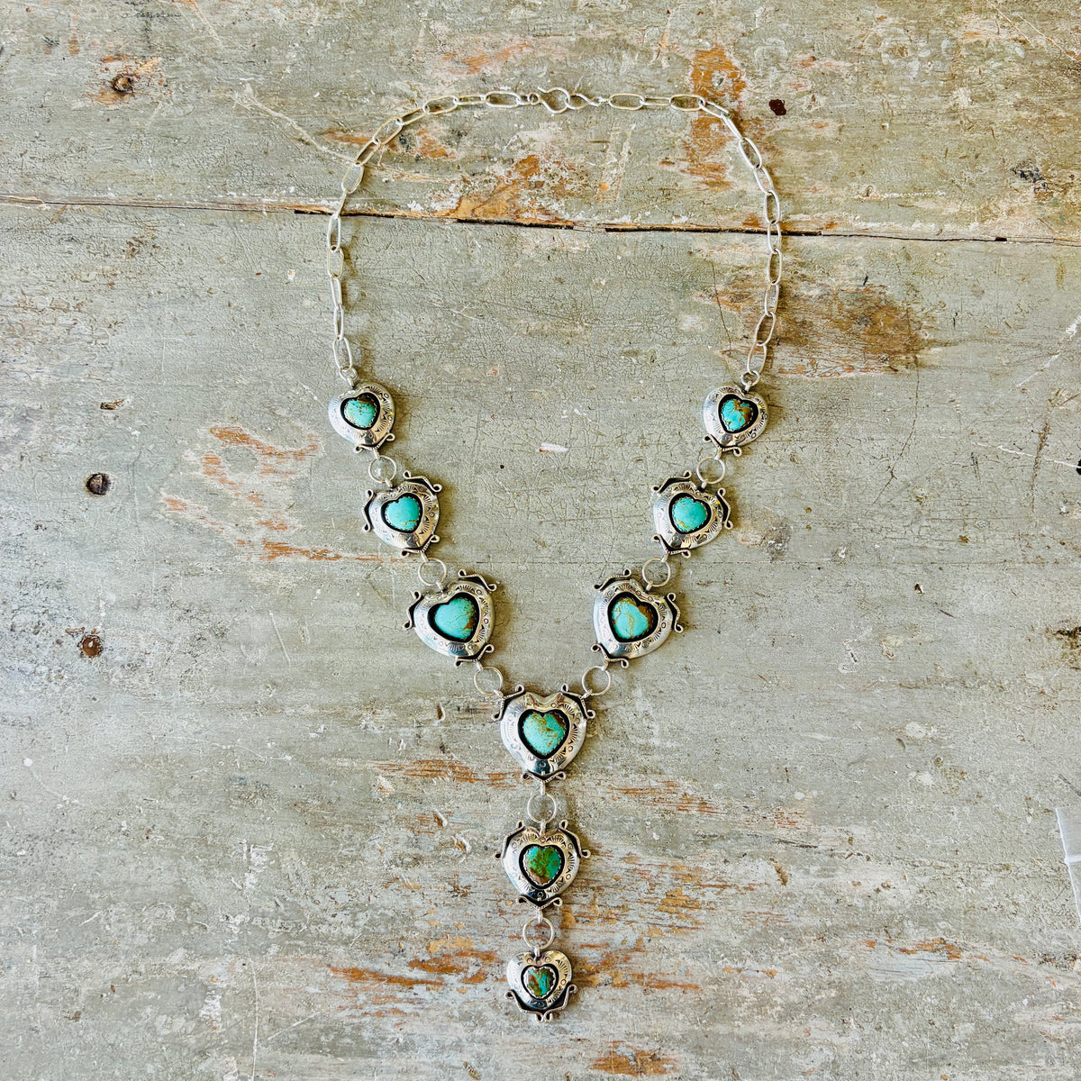 Navajo Lyanne Goodluck Sterling Silver & Kingman Turquoise Shadowbox Hearts Necklace