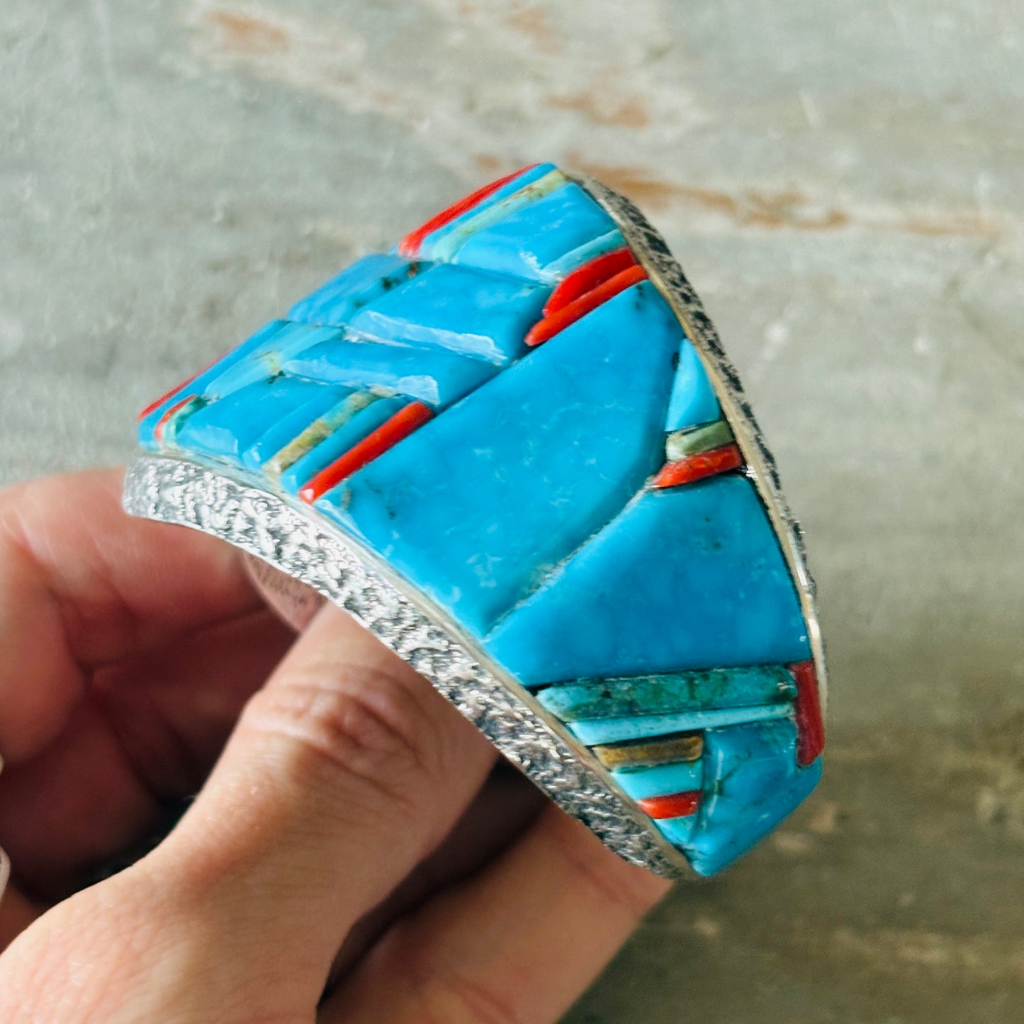 Navajo Lester James Sterling Silver - Red Coral & Kingman Turquoise Cobblestone Cuff