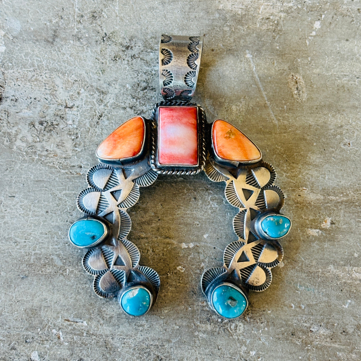 Navajo Shawn Cayatineto Sterling Silver - Red - Orange Spiny Oyster & Kingman Turquoise Naja Pendant
