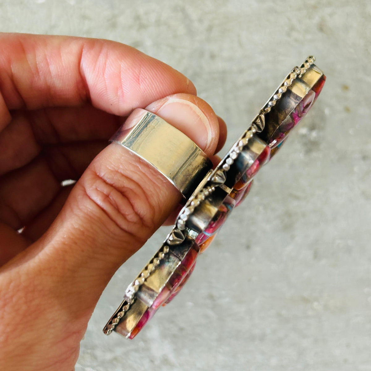 Navajo Hemerson Brown Sterling Silver & Pink Dahlia Mojave Cluster Ring