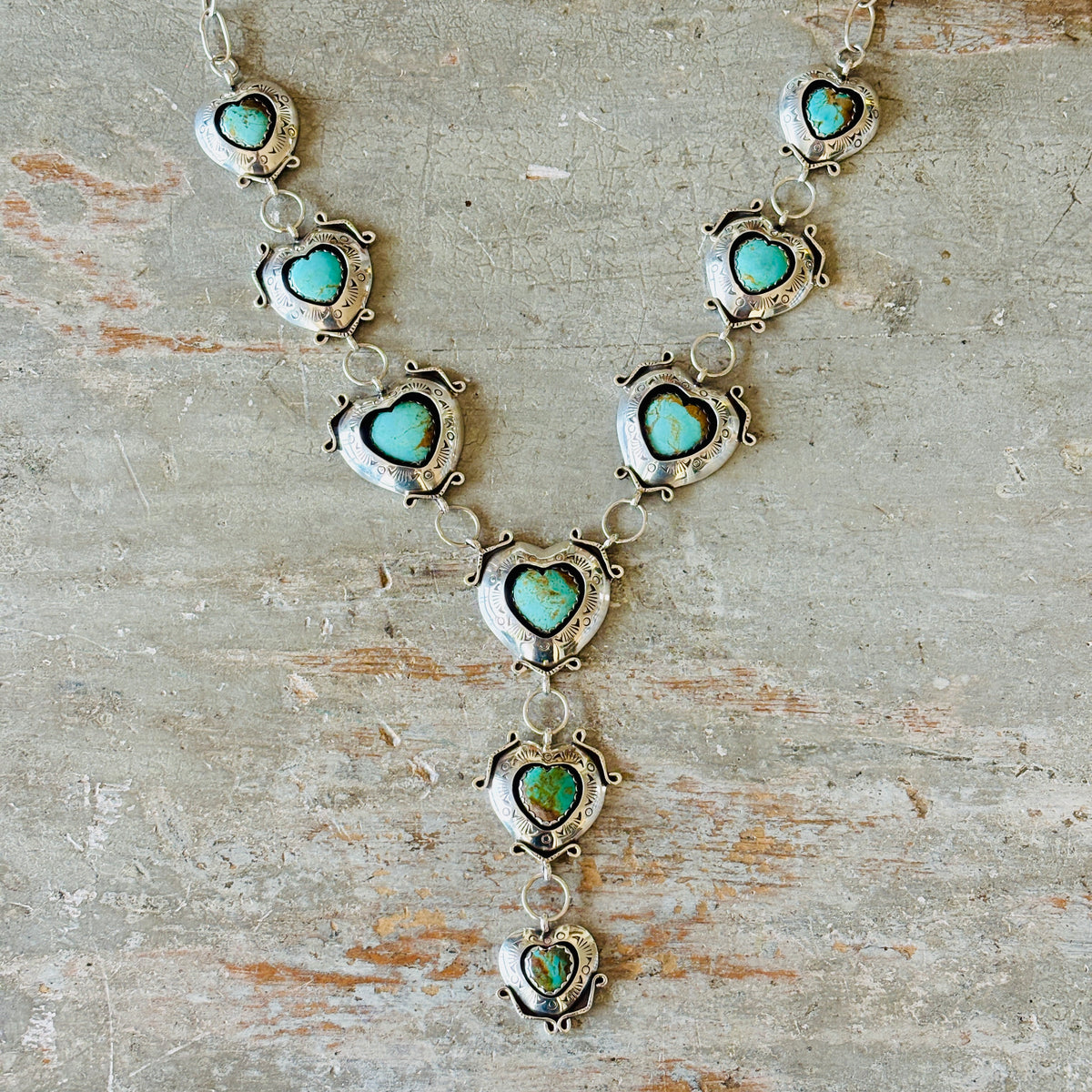 Navajo Lyanne Goodluck Sterling Silver & Kingman Turquoise Shadowbox Hearts Necklace