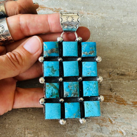 Navajo Lorenzo & Jerilyn Chee Sterling Silver & Kingman Turquoise Statement Pendant
