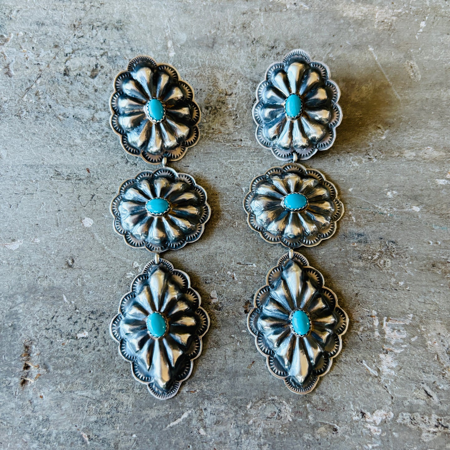 Navajo Rita Lee Sterling Silver & Kingman Turquoise Concho Earrings