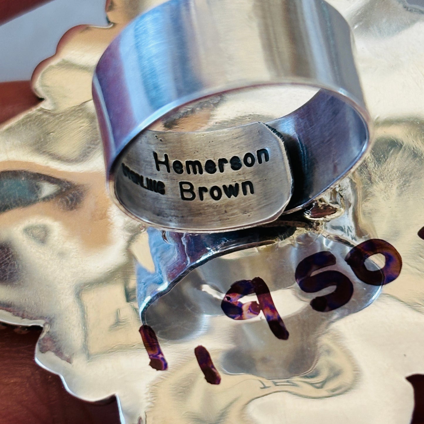 Navajo Hemerson Brown Sterling Silver - Abalone & Purple Dahlia Mojave Hearts Ring