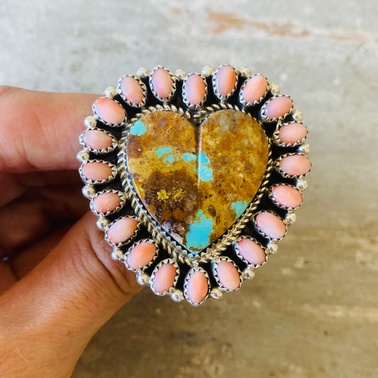 Navajo Geraldine James Sterling Silver Turquoise & Pink Conch Heart Ring