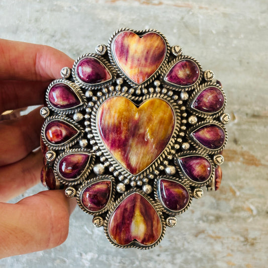 Navajo Tyler Brown Sterling Silver & Purple Spiny Hearts Statement Cuff