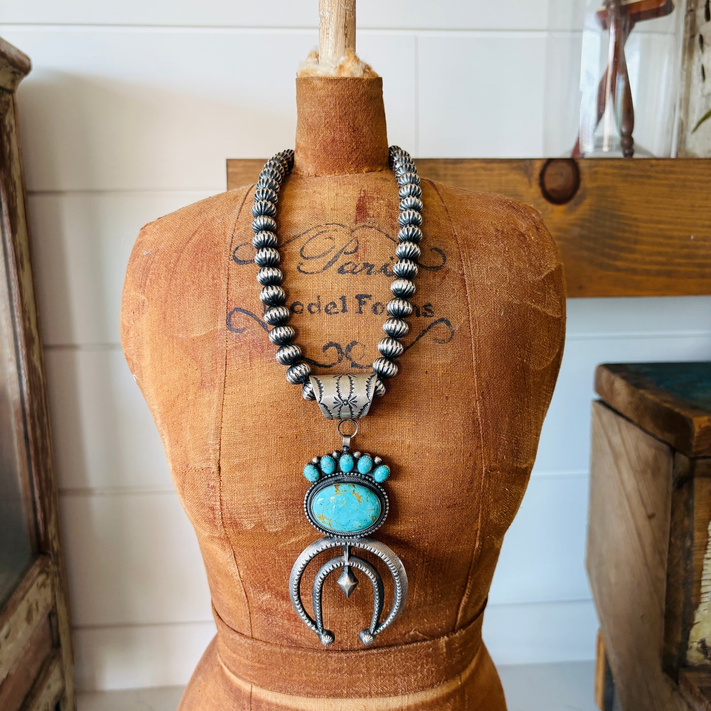 Navajo Hemerson Brown Sterling Silver & Kingman Turquoise Cluster Naja Pendant