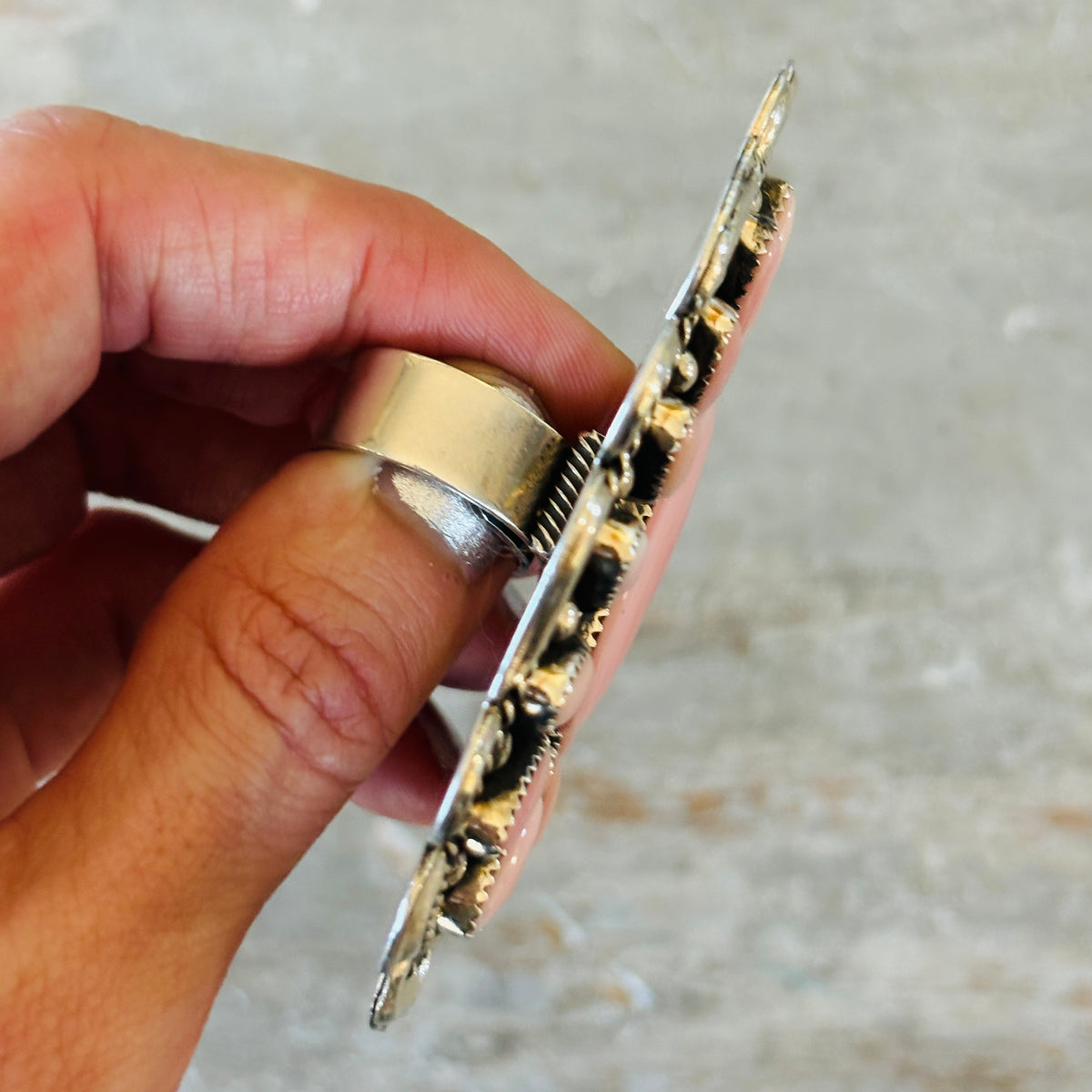 Navajo Hemerson Brown Sterling Silver & Pink Conch Cluster Statement Ring