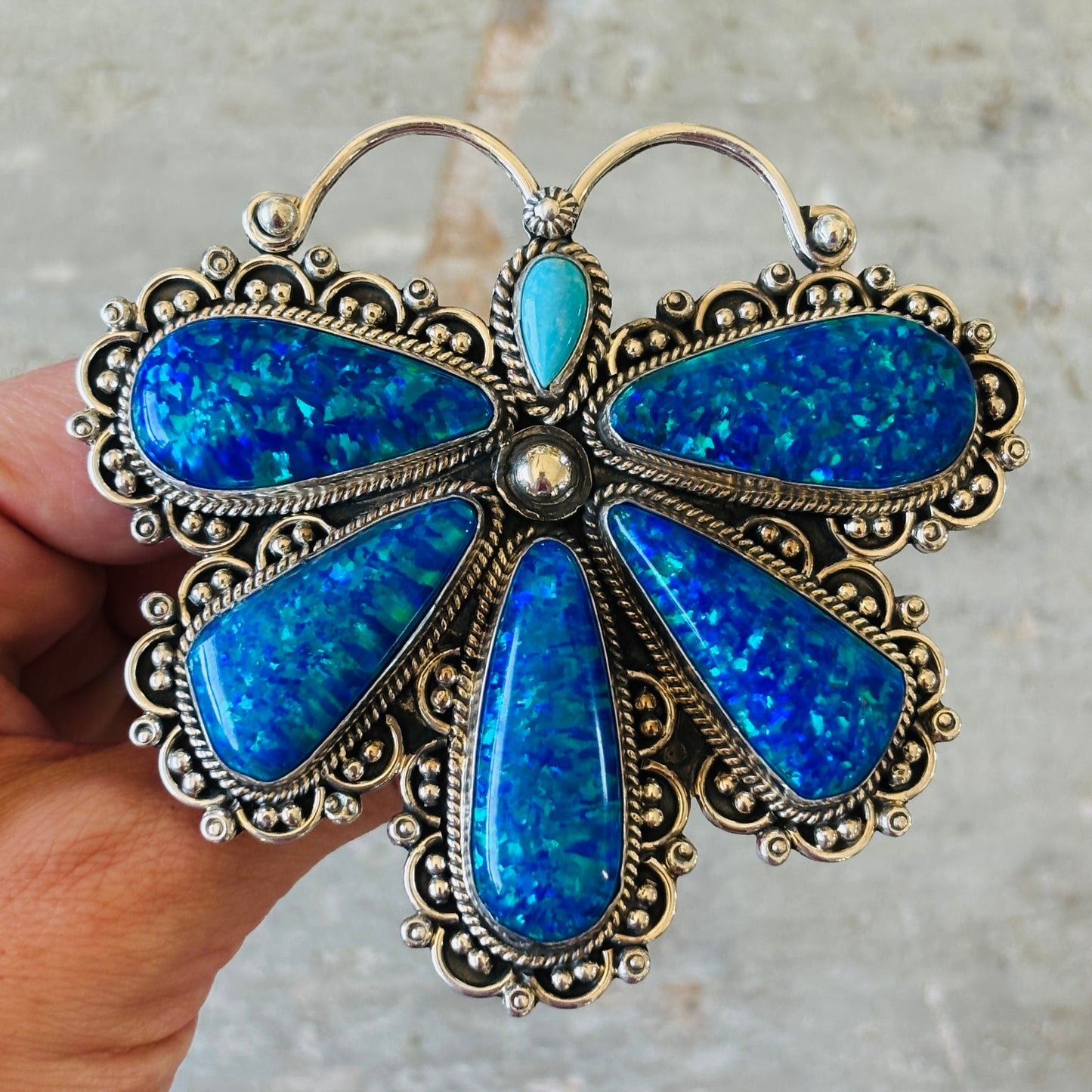 Navajo Hemerson Brown Sterling Silver - Blue Lab Opal & Sleeping Beauty Turquoise Dragonfly Ring