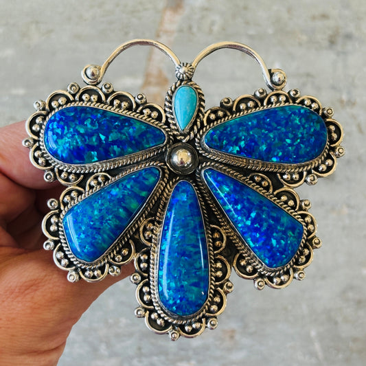Navajo Hemerson Brown Sterling Silver - Blue Lab Opal & Sleeping Beauty Turquoise Dragonfly Ring