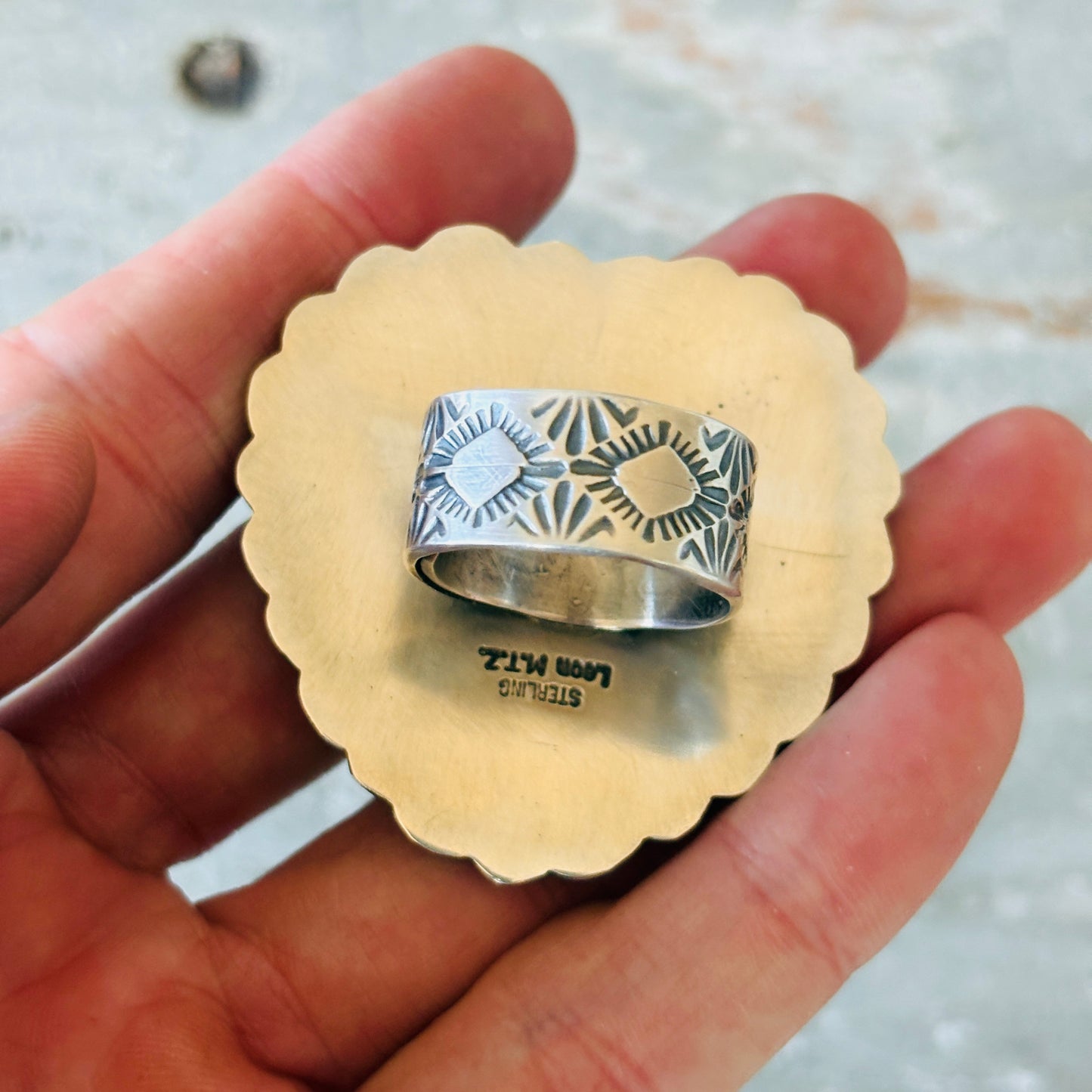 Navajo Leon Martinez Sterling Silver & Pink Conch Heart Statement Ring