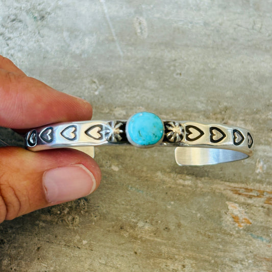 Navajo Darrell Cadman Sterling Silver & Lone Mountain Turquoise Hearts Stacker Cuff
